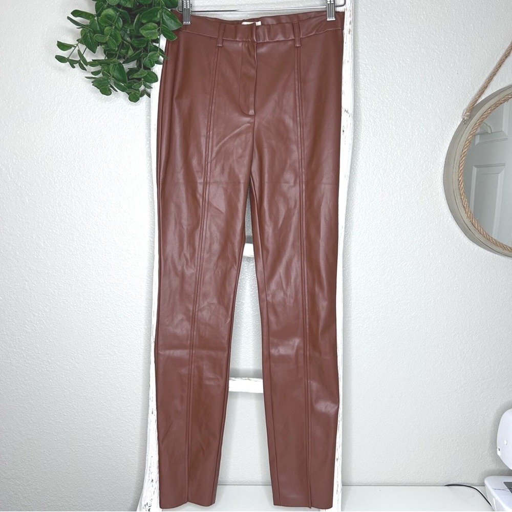 Jason Wu Faux Leather Pants Brown High Waist Straight Leg Modern Chic Trousers S